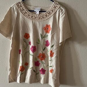 Alfred Dunner Beige Top with Floral Embroidery